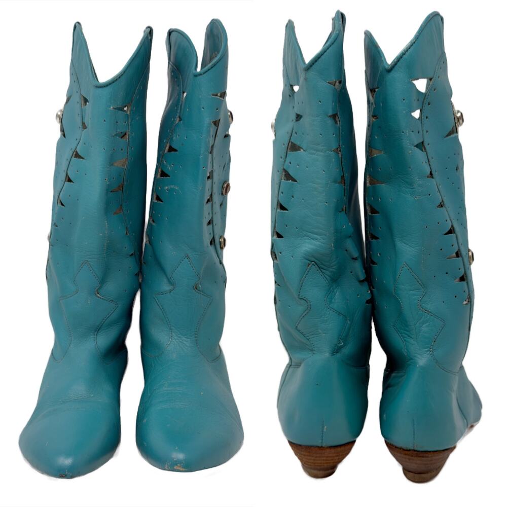 Vintage 80s Concho Stoned Southwestern Cowgirl Boots 6 / 5.5 Turquoise Leather - Picture 3 of 15